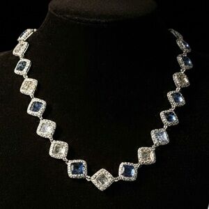 Sterling Silver Blue & Green Pave Halo Statement Necklace 19” 47g